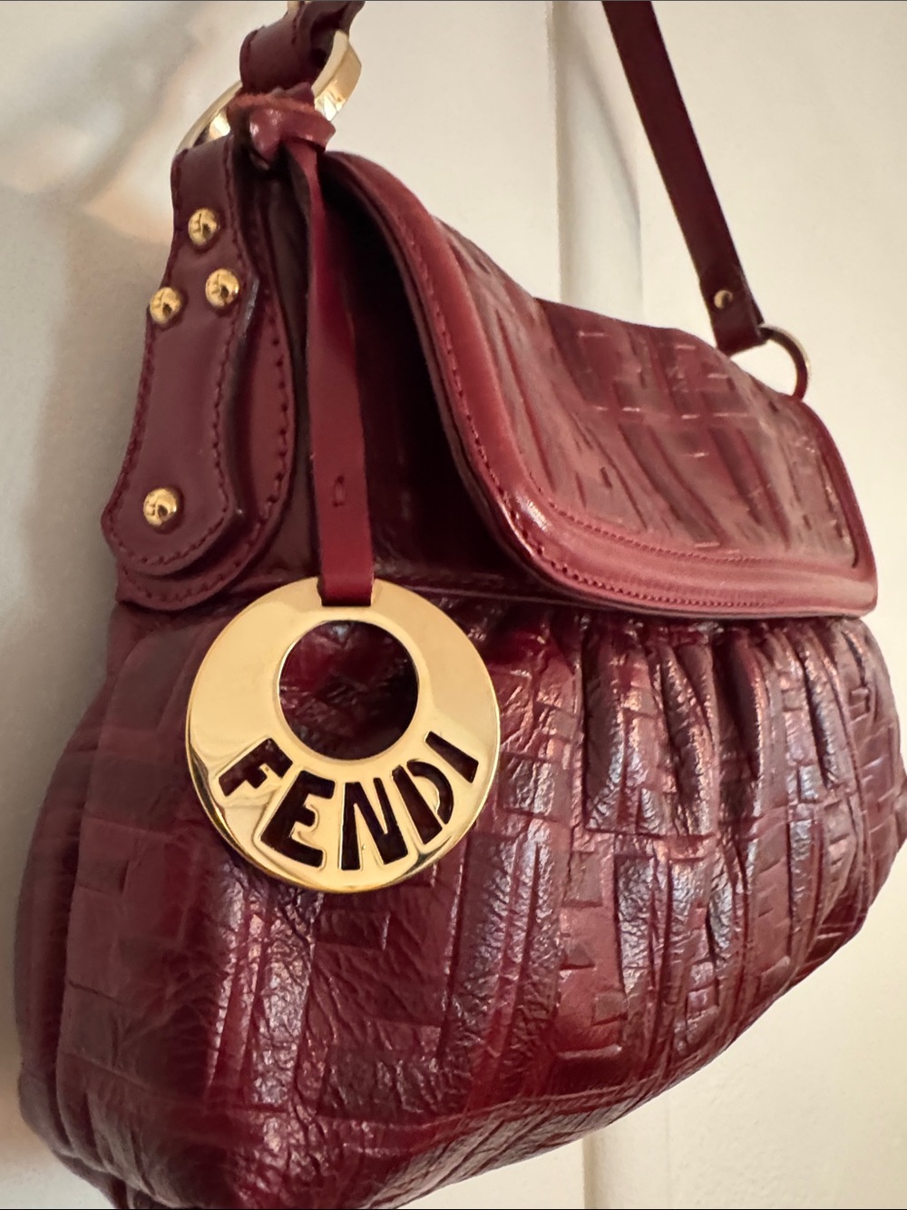 Authentic Fendi Wine Red Embossed FF Leather Shoulder Bag - Picture 2 of 12